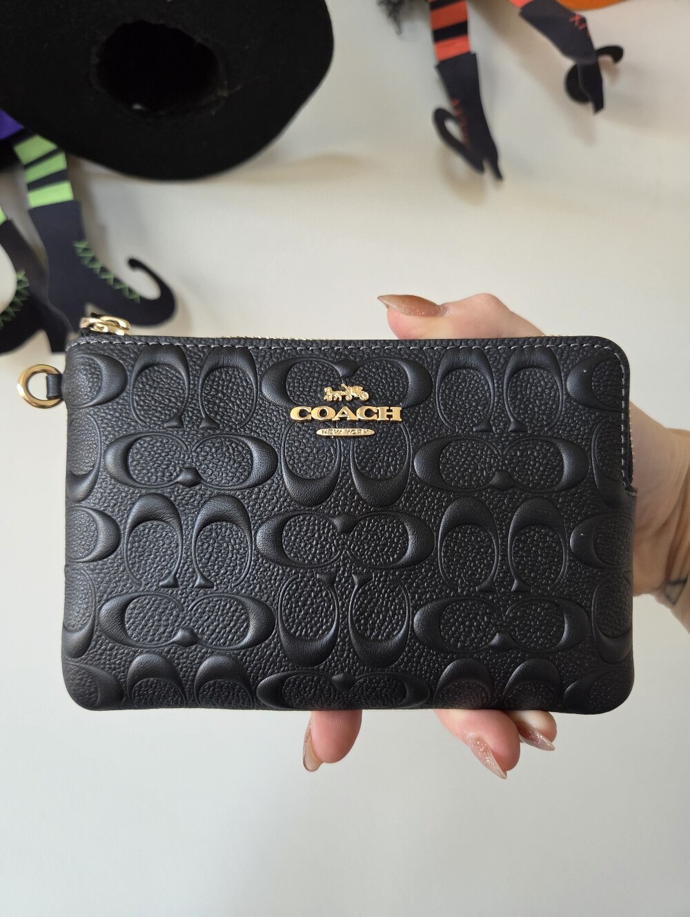 New Coach F2481 Corner Zip Wristlet Wallet Black Leather Raised Monogram C